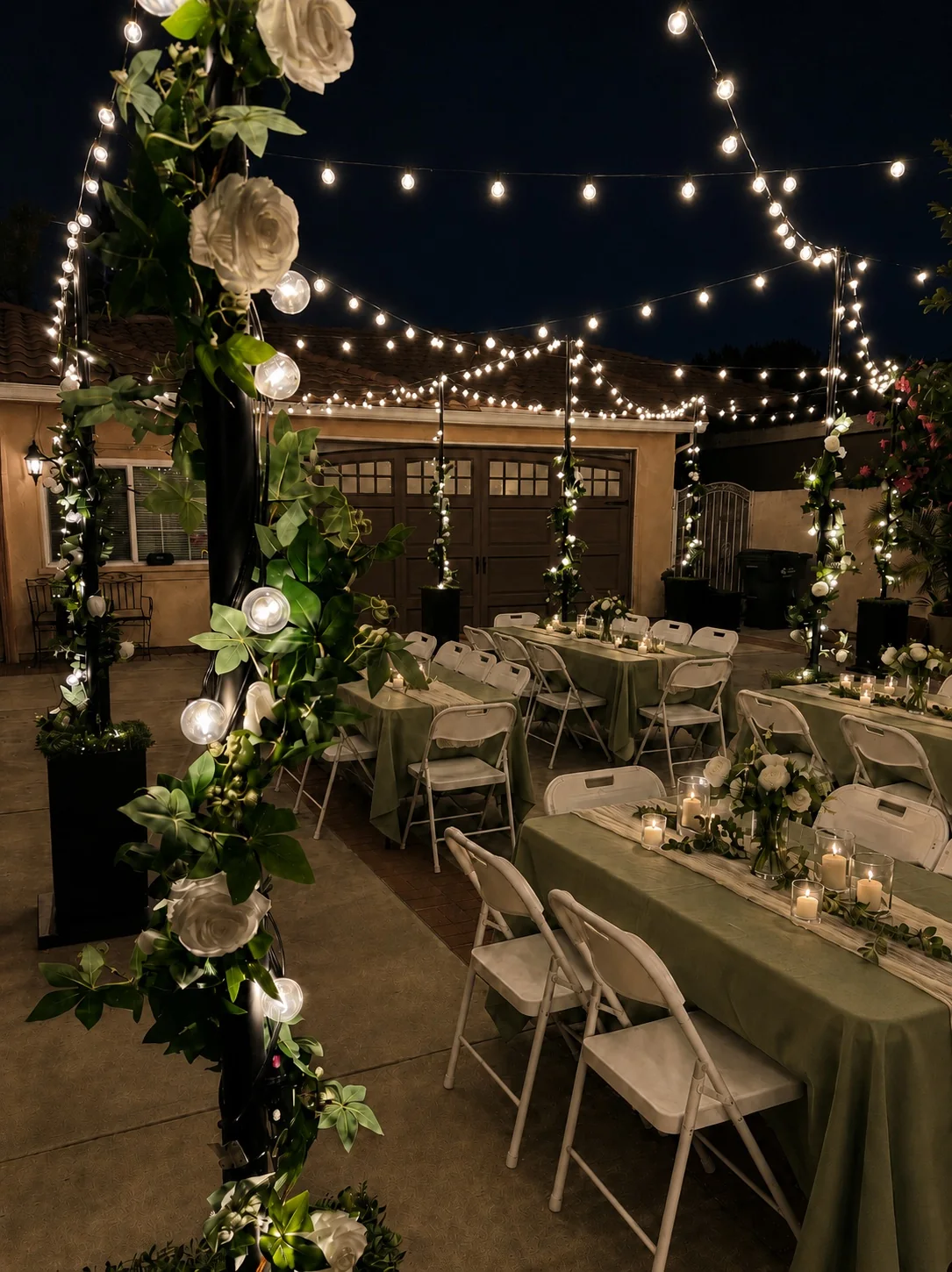 Café string light rental with floral planter poles for an outdoor Los Angeles event